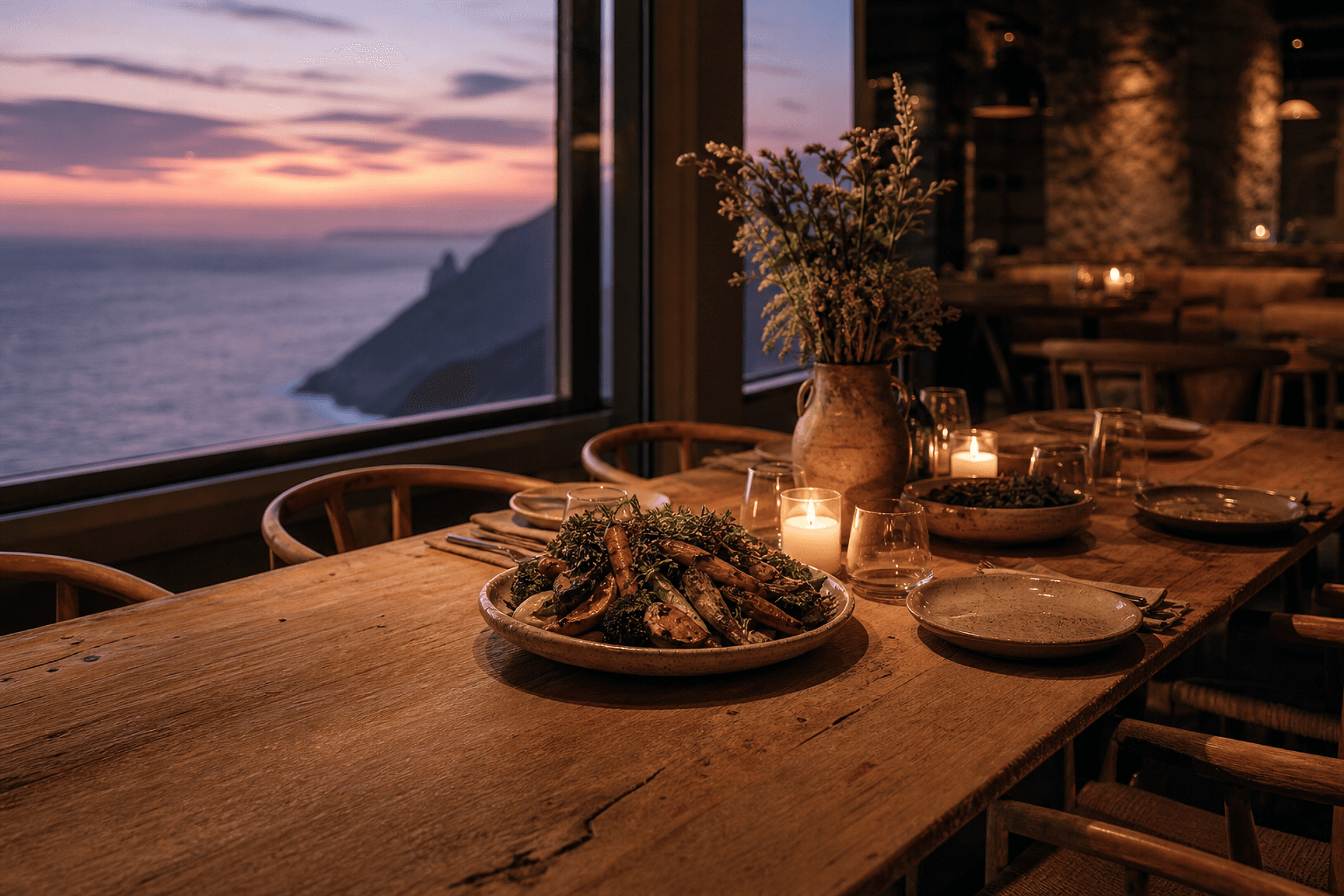 The on-site restaurant at Aster House at dusk, with a long oak table and ocean horizon