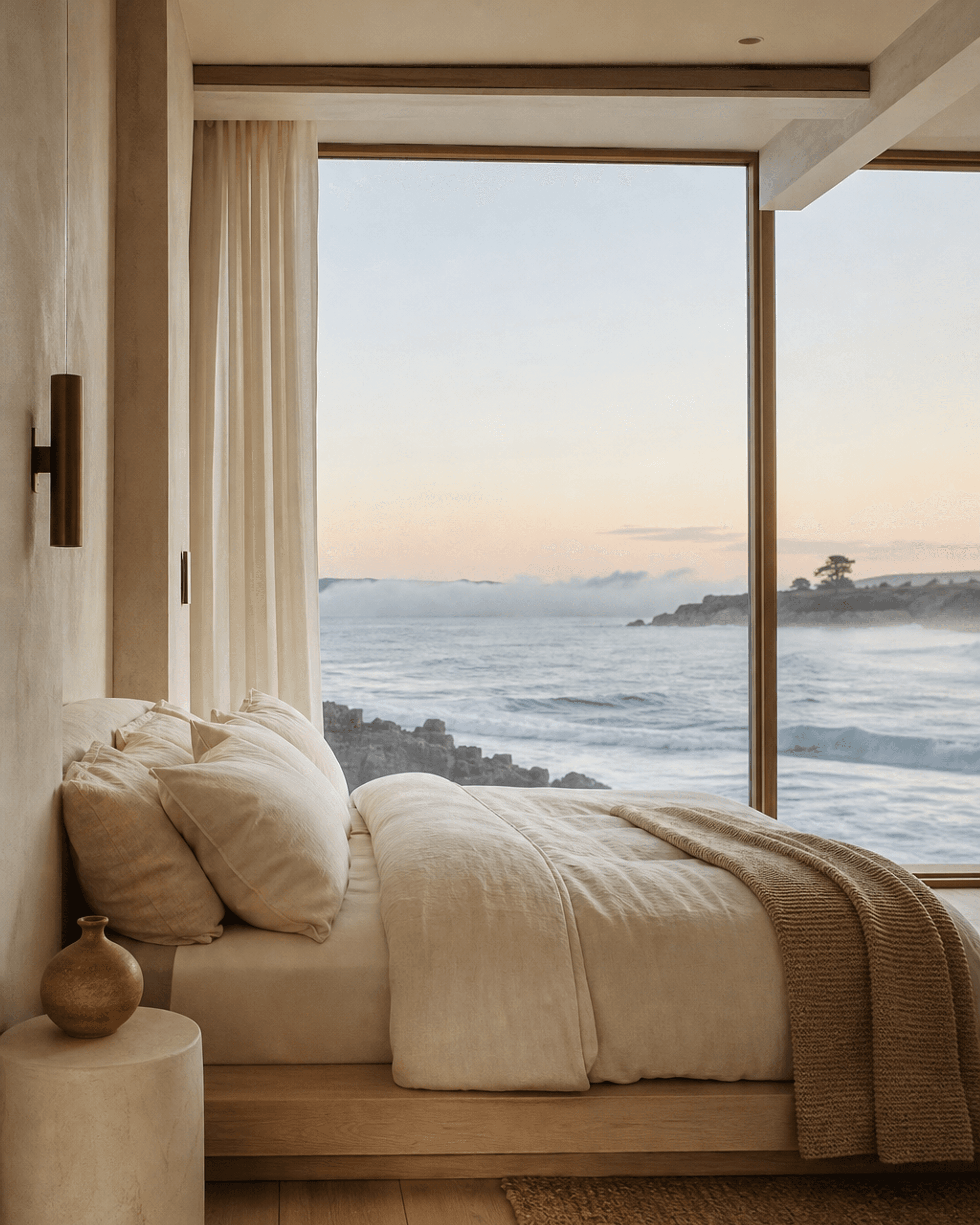 A guest room at Aster House with linen bedding and a window onto the Pacific